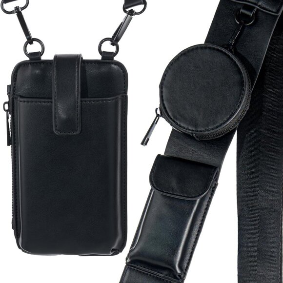 Black Crossbody Phone Bag with Adjustable Strap and Coin Pouch - Stylish PU Leat - Picture 7 of 9